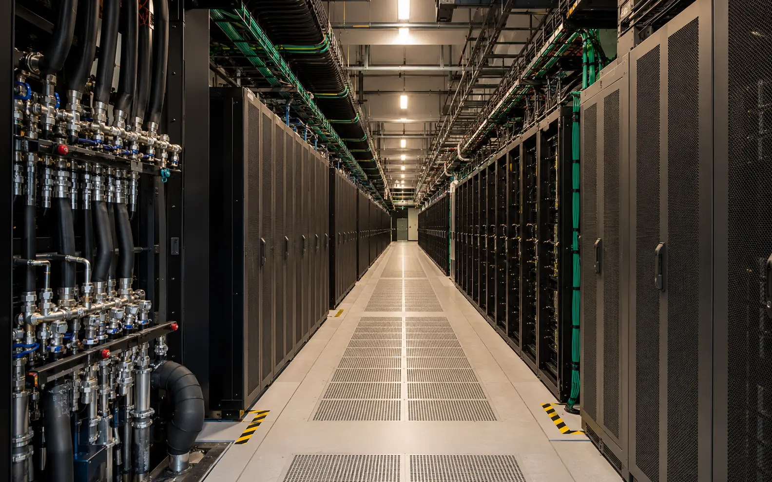 Conceptual AI data center interior with compute racks and liquid-cooling infrastructure